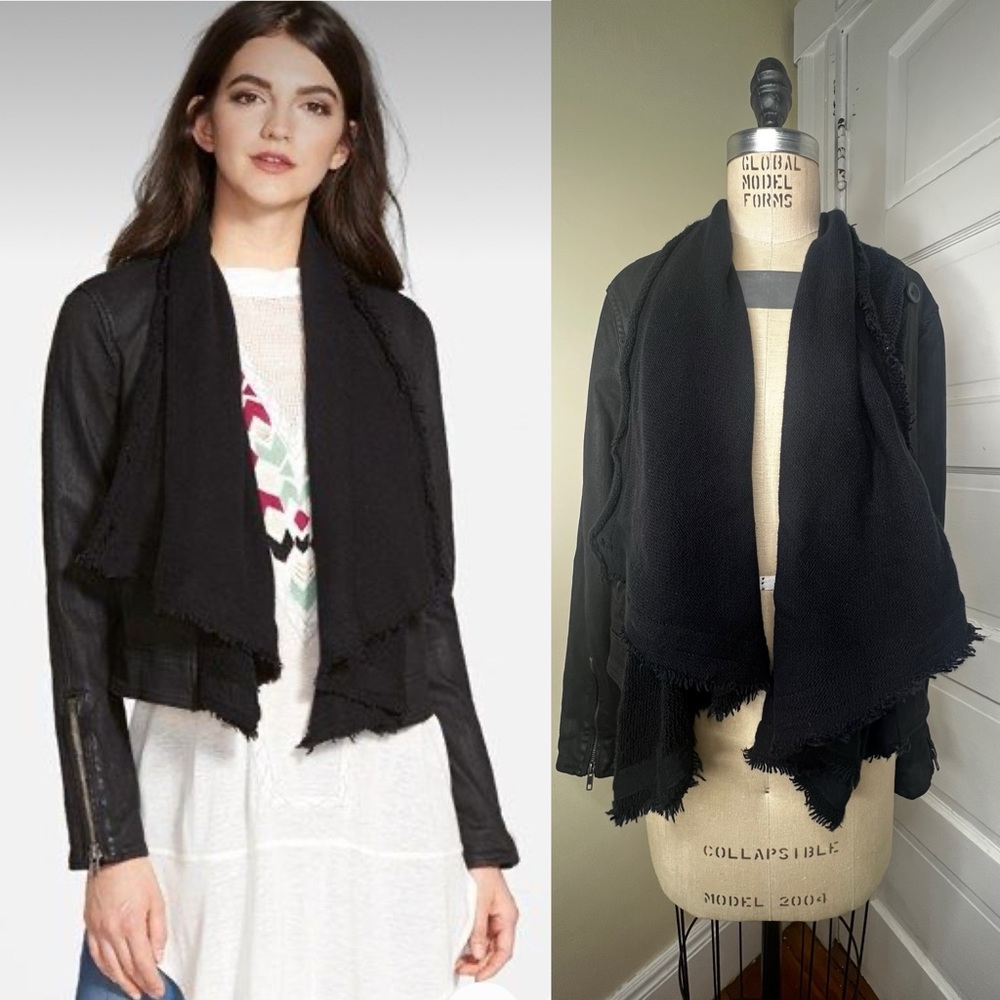Free People Drape Front Coated Jacket 8 Denim Moto Biker Sweater Medium